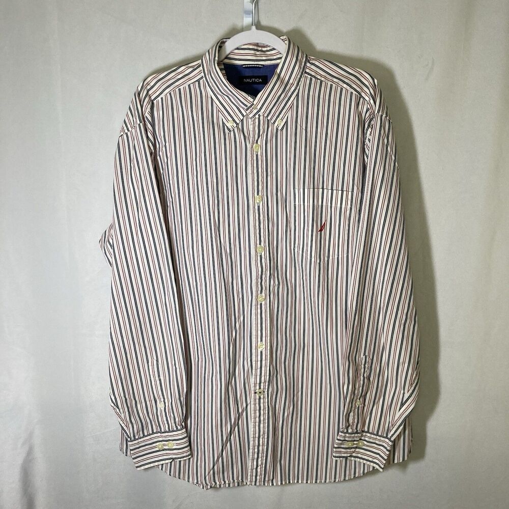 NAUTICA white red and blue striped button down long sleeve shirt XL